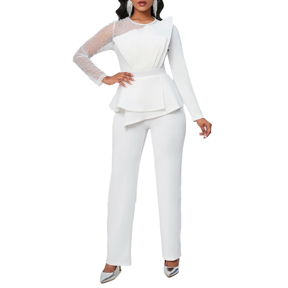 Women Co-Ords Long Sleeve Temperament Mesh Stitching Jumpsuit