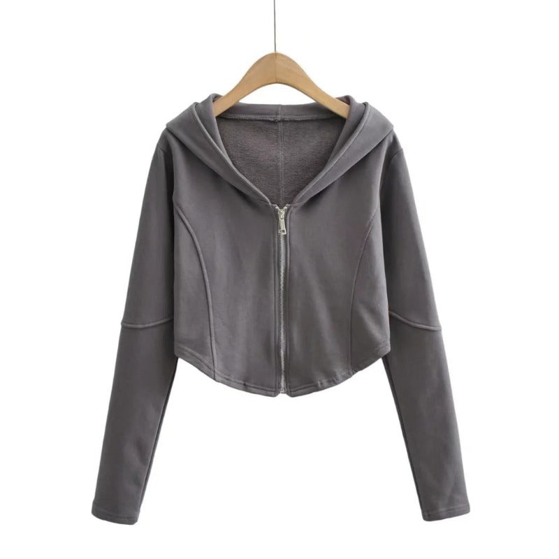 Women Hoodie Short Solid Color Simple Cardigan