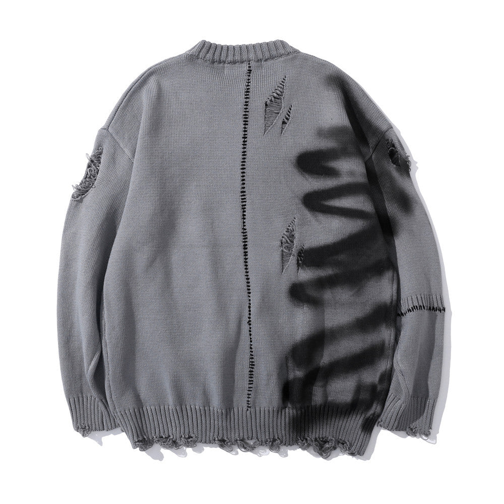 Men Sweater Graffiti Printing round Neck Knitted Ripped Sweater Loose