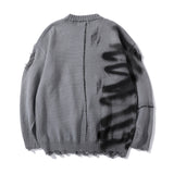 Men Sweater Graffiti Printing round Neck Knitted Ripped Sweater Loose