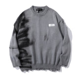 Men Sweater Graffiti Printing round Neck Knitted Ripped Sweater Loose