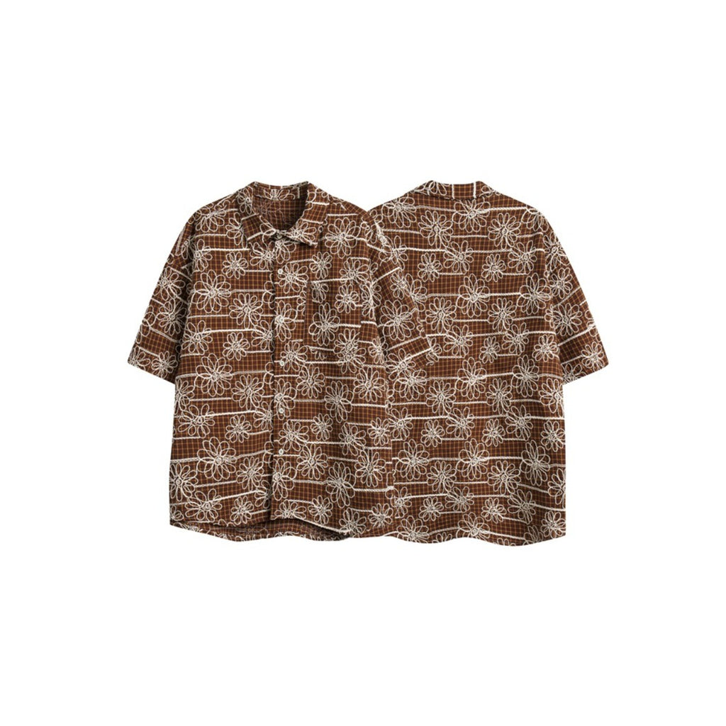 Unisex Shirt Embroidered Plaid Loose Hawaii