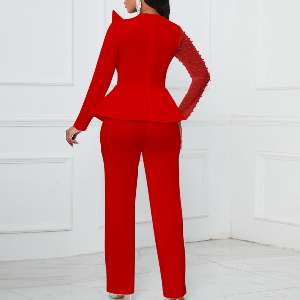 Women Co-Ords Long Sleeve Temperament Mesh Stitching Jumpsuit