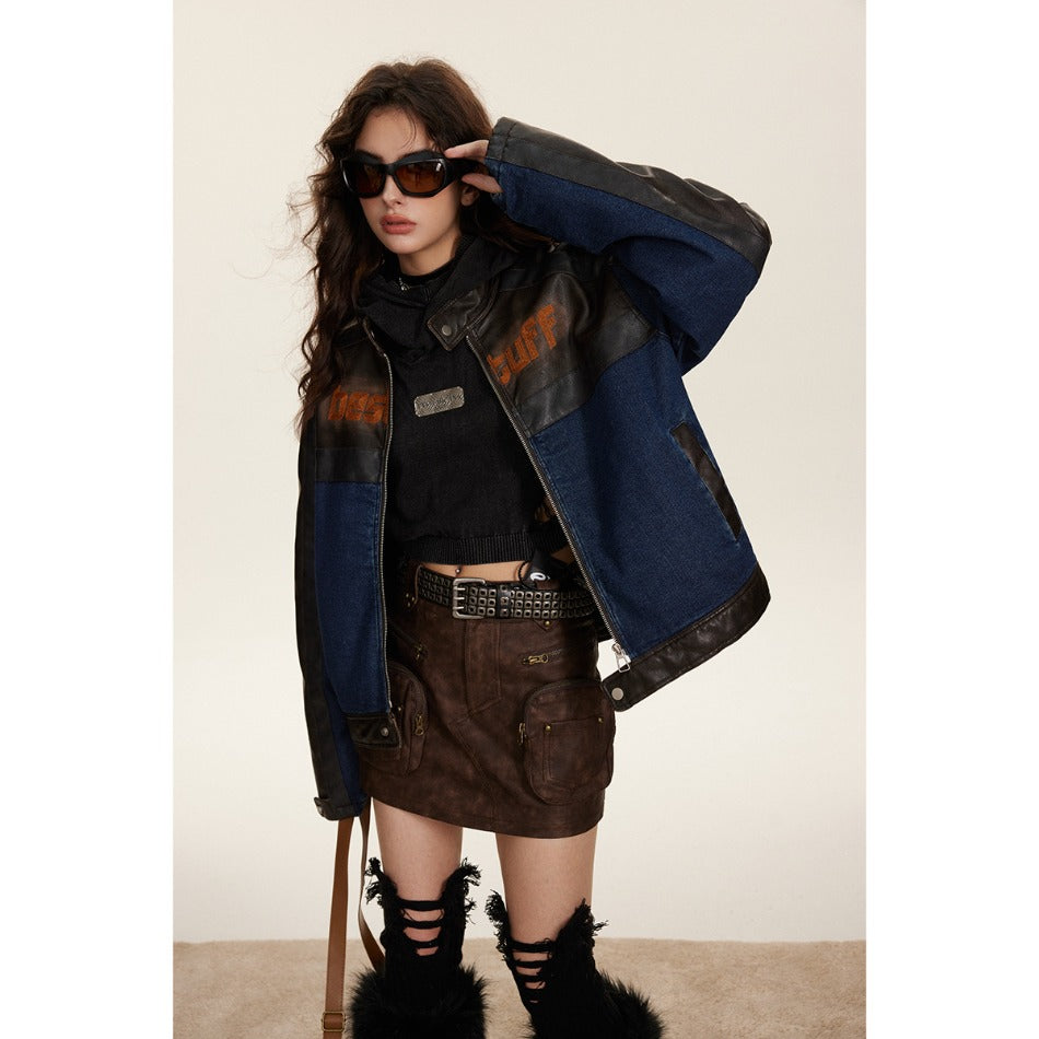 Unisex Coat PU Leather Patchwork Denim Jacket Stand Collar