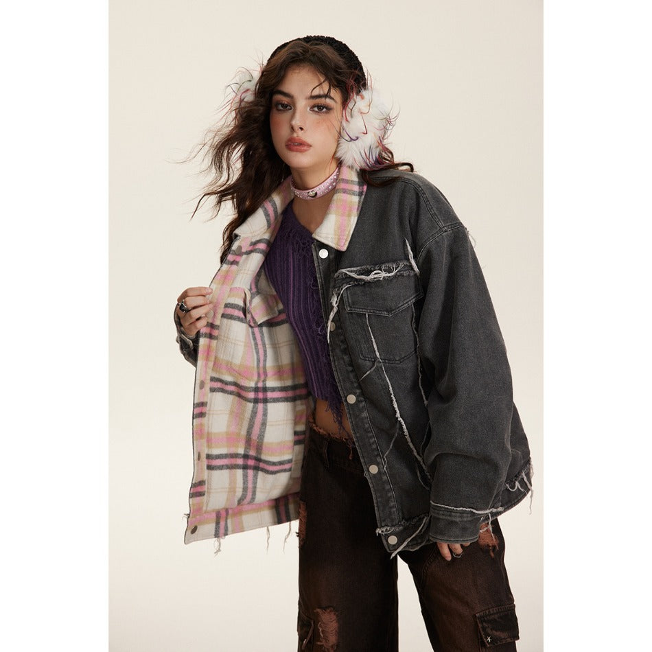 Unisex Coat Plaid Denim Jacket for Winter