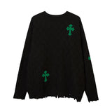 Men Sweater Cross Embroidered Ripped Plaid Jacquard Knitted Sweater