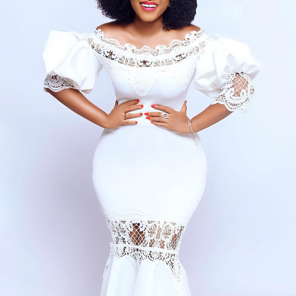 Women Dress Puff Sleeve Lace Stitching Dress