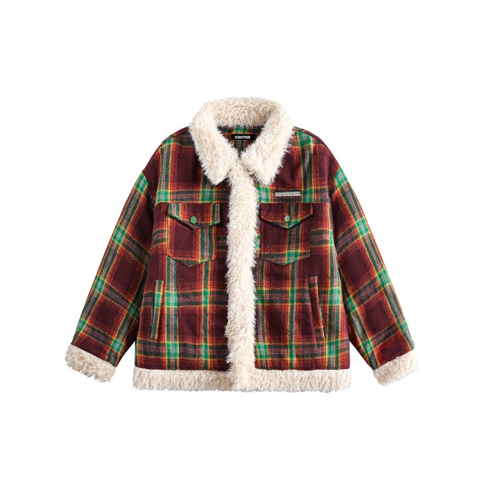 Unisex Coat Vintage Plaid Berber Fleece Coat Loose