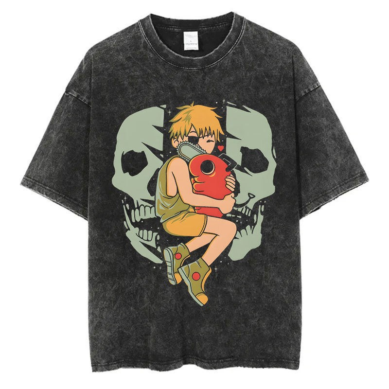 Anime Chainsaw Men Washed Tshirt Retro Hip Hop Streetwear