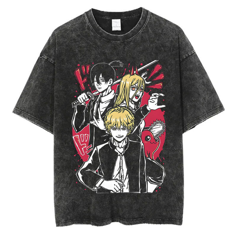 Anime Chainsaw Men Washed Tshirt Retro Hip Hop Streetwear