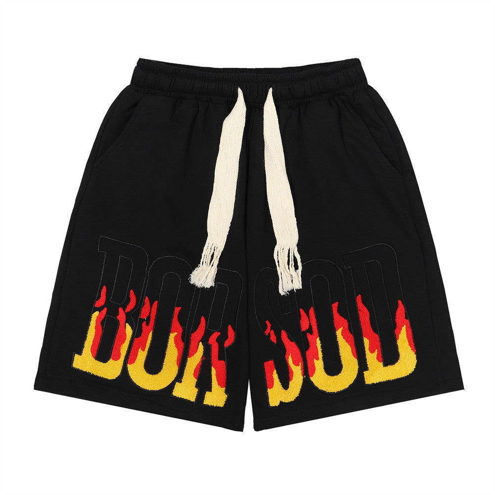 Men Shorts Flame Embroidery Sports Loose Leisure