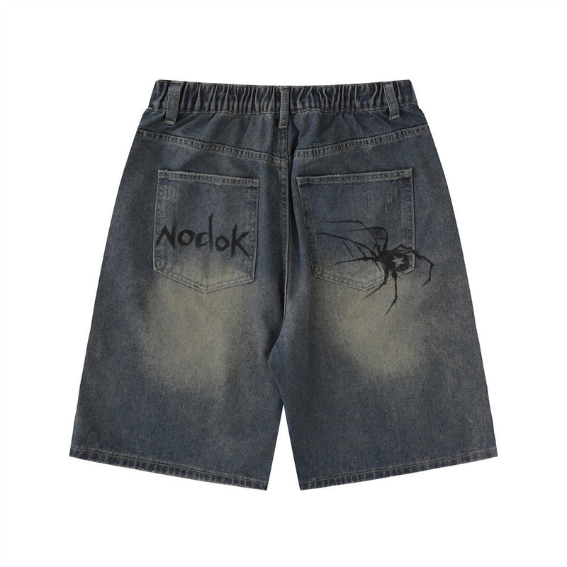 Men Shorts Spider Printed Denim Shorts Loose Casual White