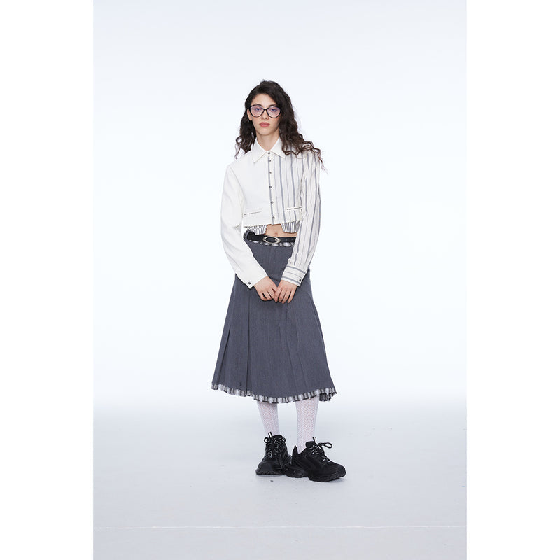 Unisex Shirt Striped Stitching Navel Coat