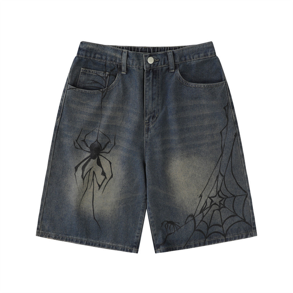 Men Shorts Spider Printed Denim Shorts Loose Casual White