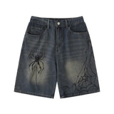 Men Shorts Spider Printed Denim Shorts Loose Casual White