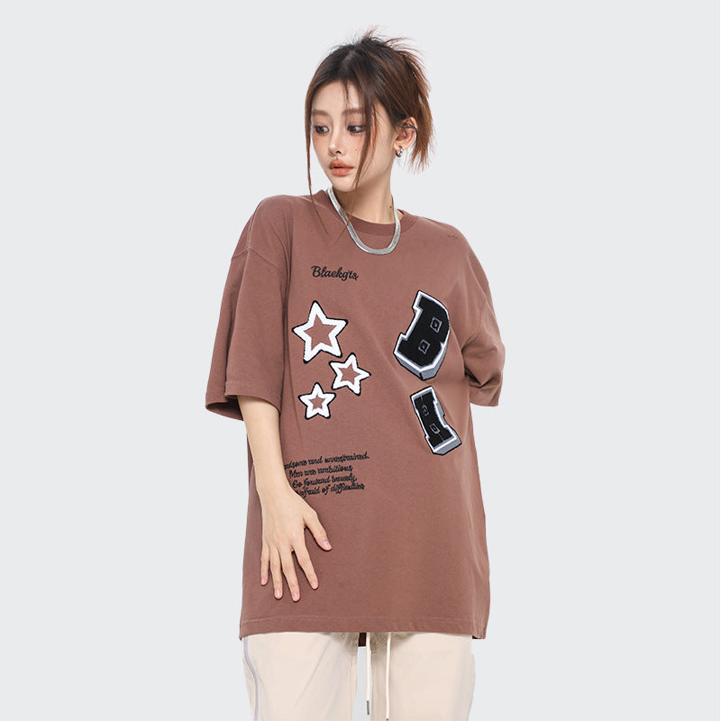 After Prom Shirt Shirt round Neck Cotton Casual T-shirt Pattern Patch Embroidered Half Sleeve Top