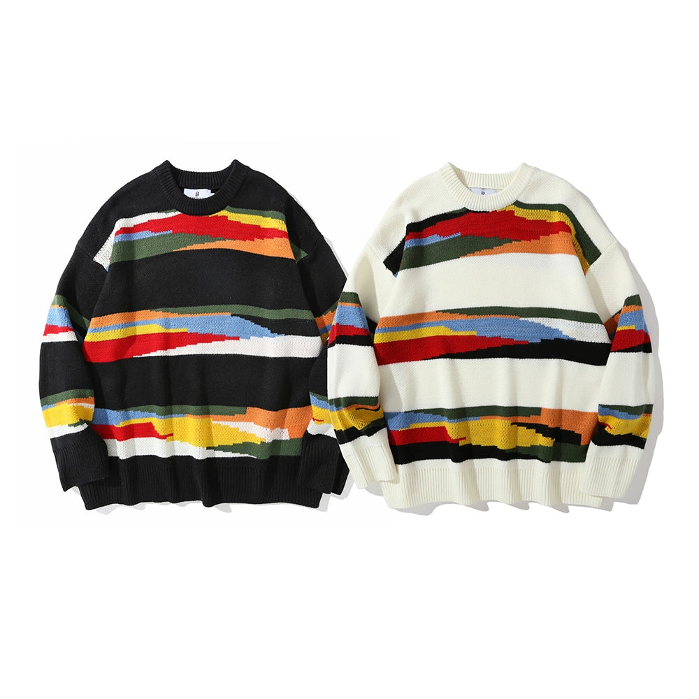 Men Sweater Striped Knitted Sweater Loose round Neck