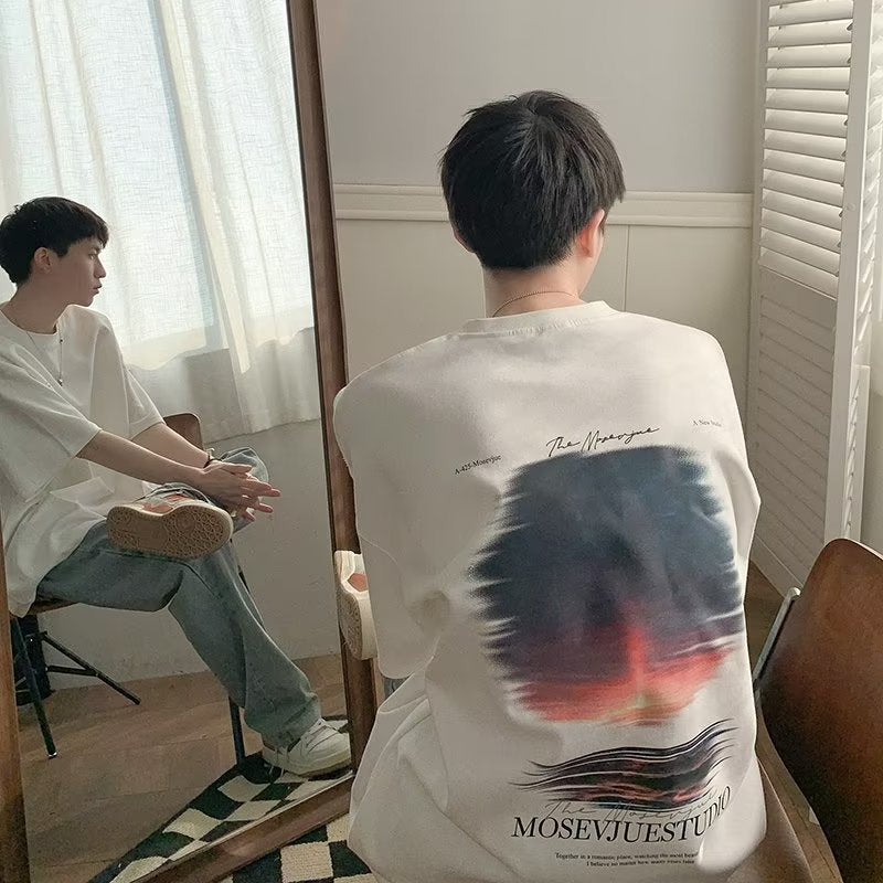 Men T Shirt Sunset Landscape Painting Pure Cotton Vibe