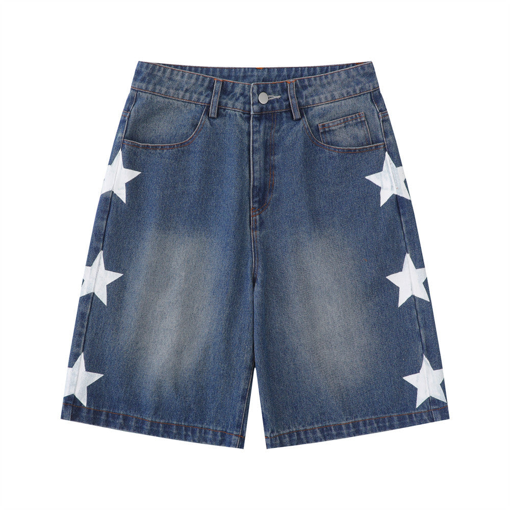 Men Shorts XINGX Printed Denim Shorts Loose Wash Brushed White