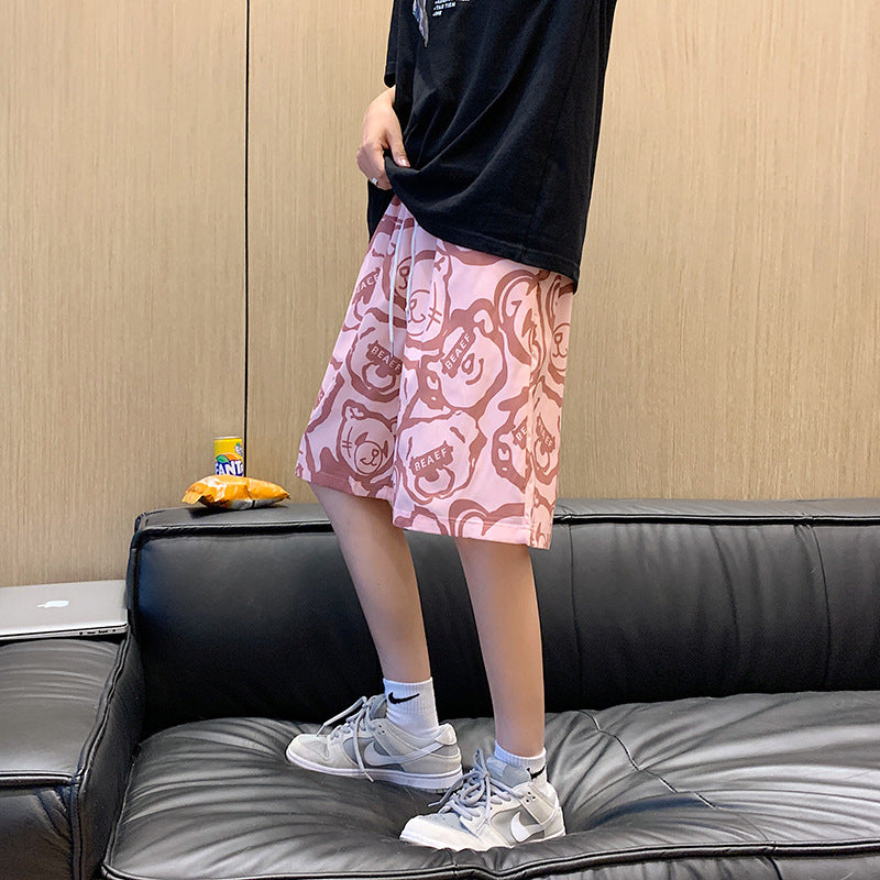 Men Beach Shorts Bear Print Summer Casual Loose Sports