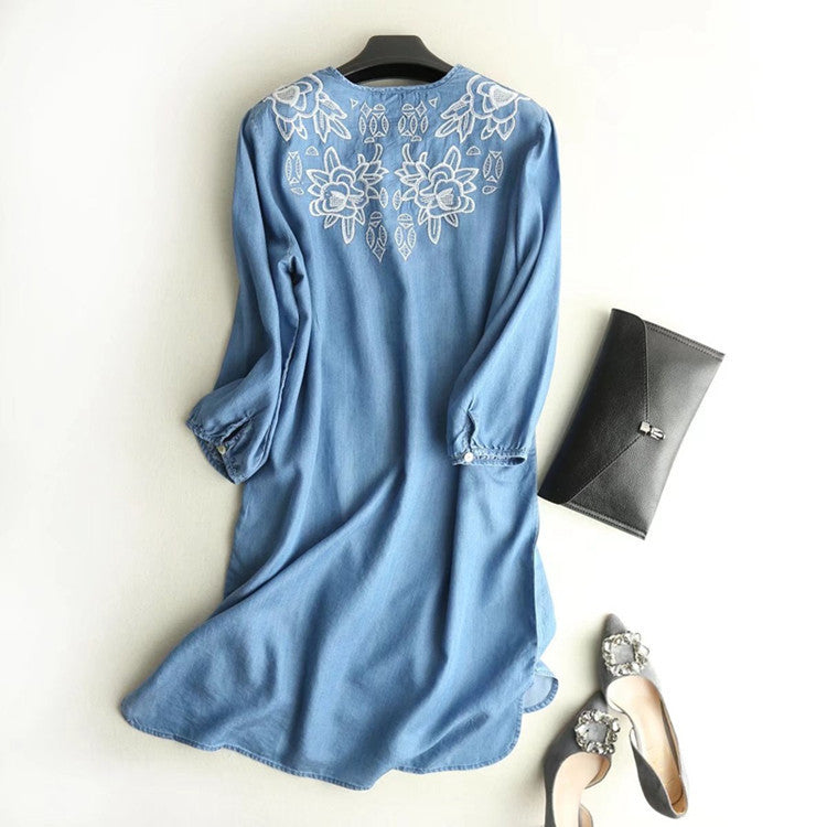 Women Dresses Summer Embroidery Loose Denim Dress