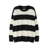 Men Sweater Striped Crocheted Ripped Crew Neck Sweater