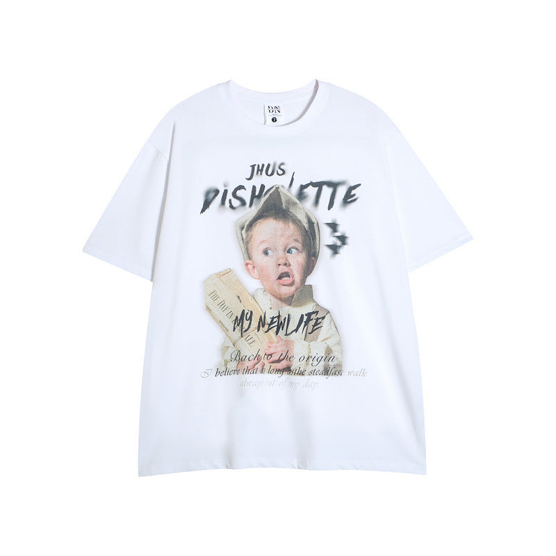 Men T-shirt Portrait Printing Oversize Retro Loose