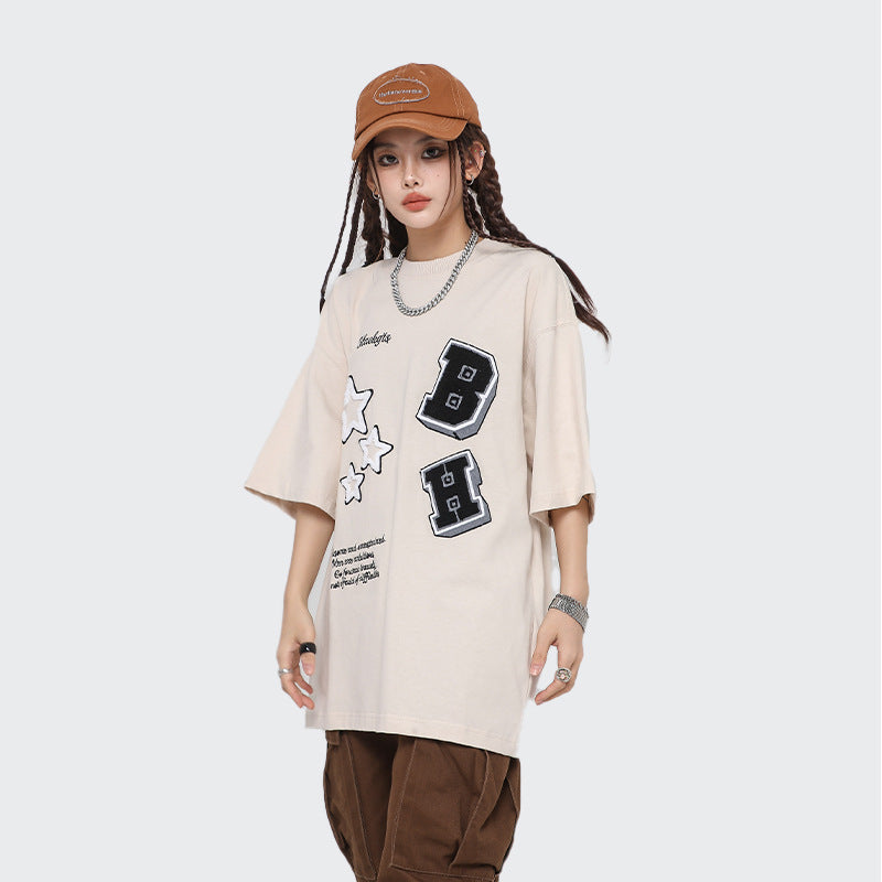 After Prom Shirt Shirt round Neck Cotton Casual T-shirt Pattern Patch Embroidered Half Sleeve Top