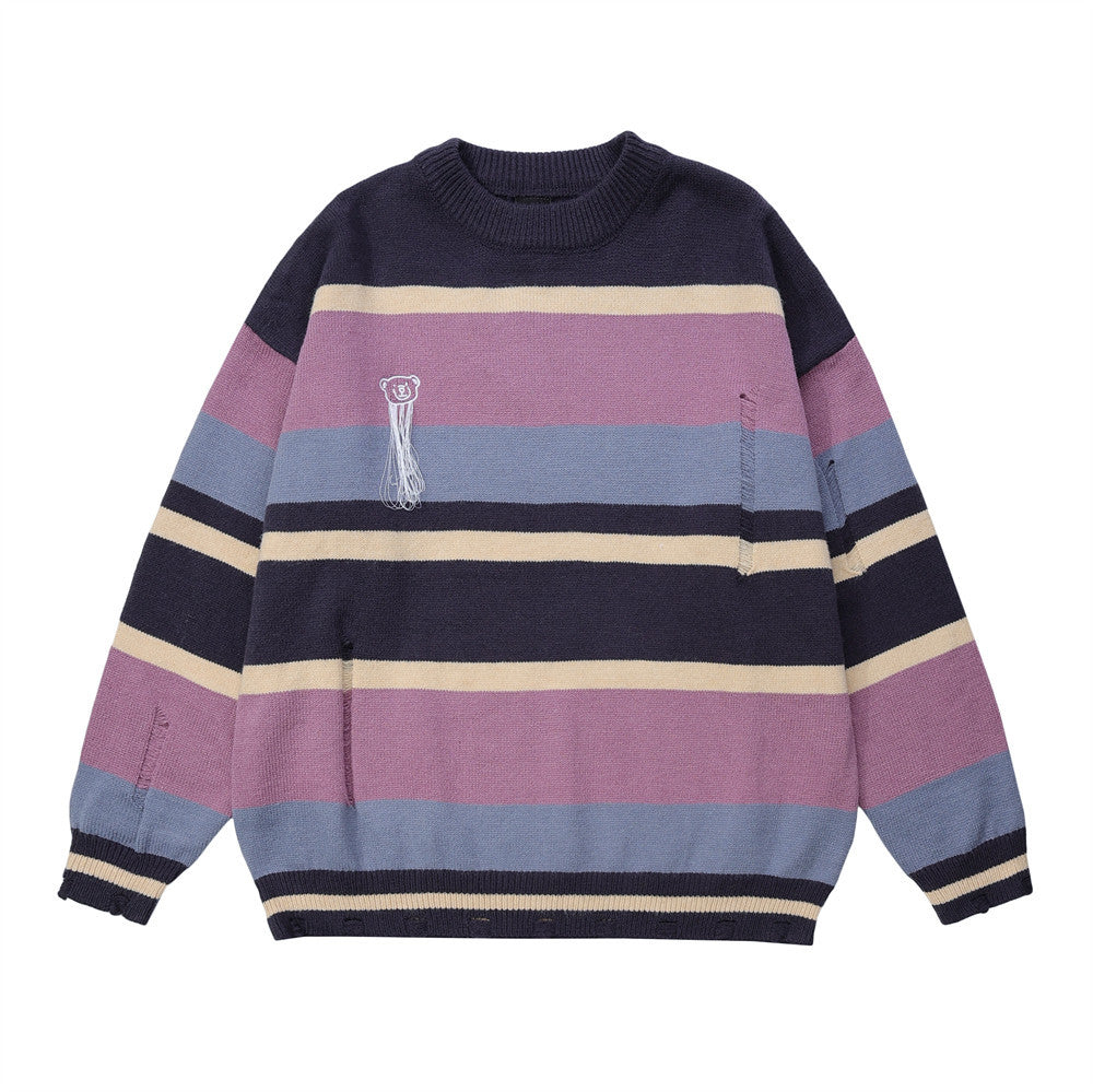 Men Sweater Striped Sweater Loose Leisure Ripped