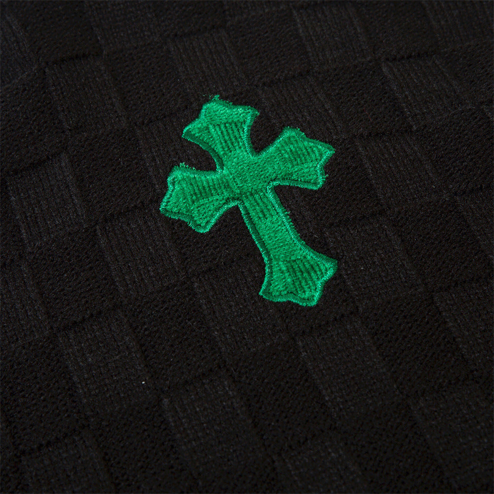 Men Sweater Cross Embroidered Ripped Plaid Jacquard Knitted Sweater