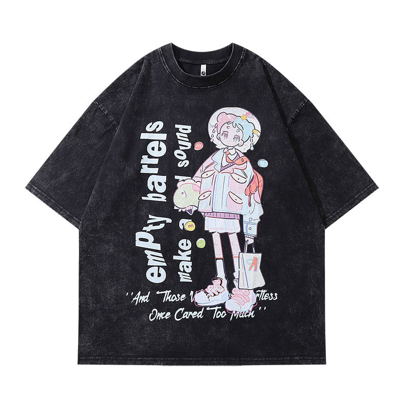 Men T-Shirt Retro Cartoon Printed Small Neckline