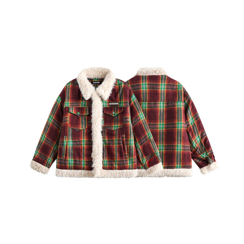 Unisex Coat Vintage Plaid Berber Fleece Coat Loose