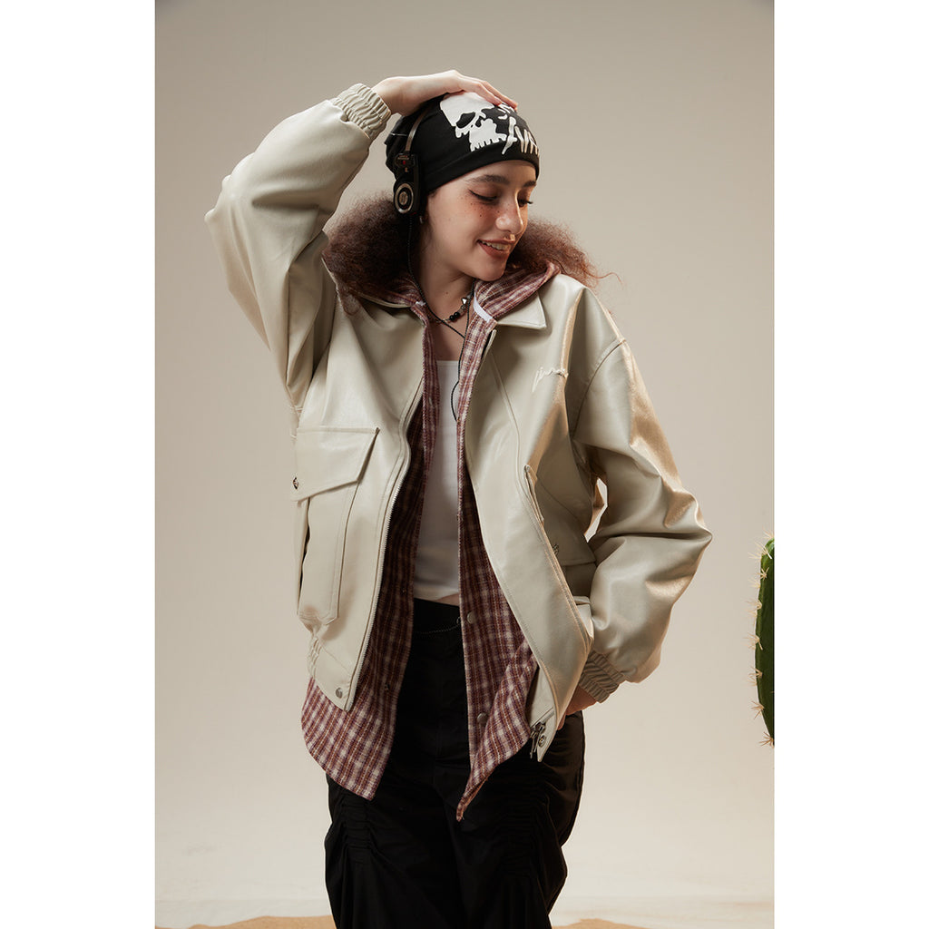 Unisex Pu Jacket Large Pocket Pu Jacket