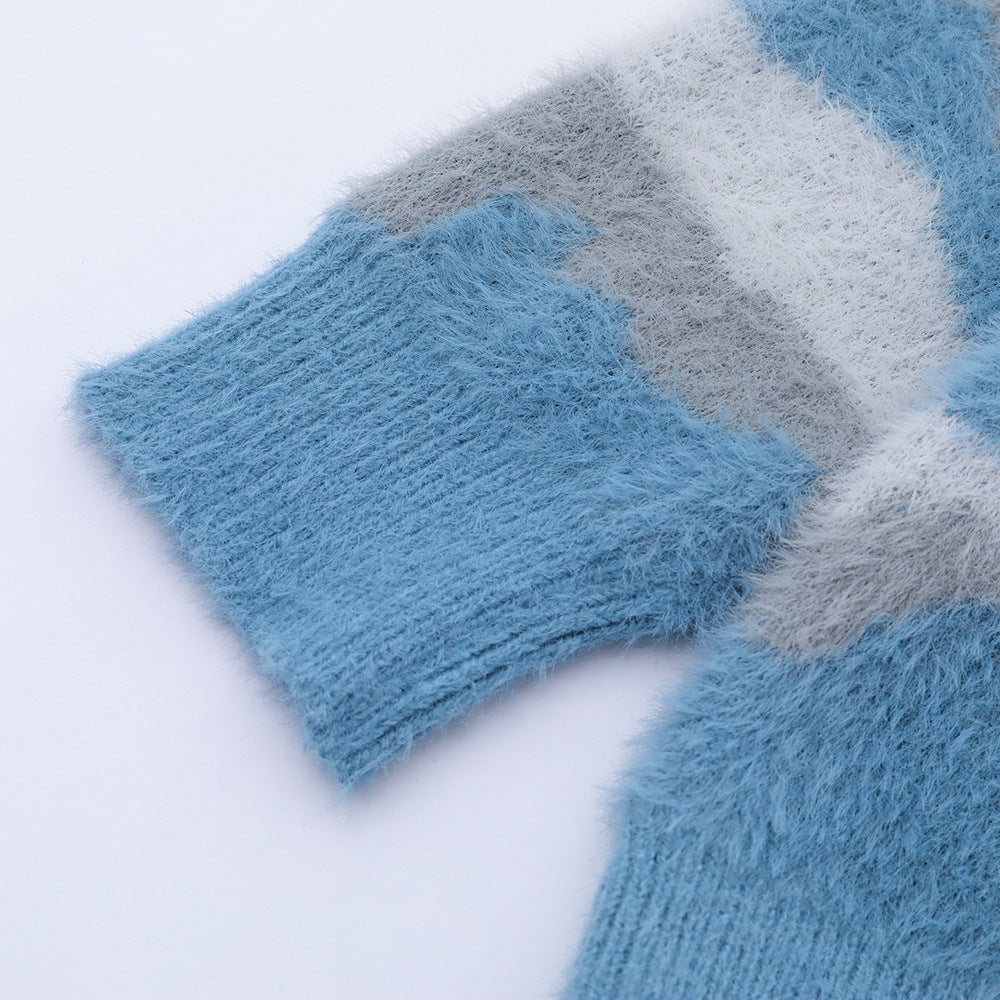 Men Sweater Stripes Lapel Knitwear Velvet