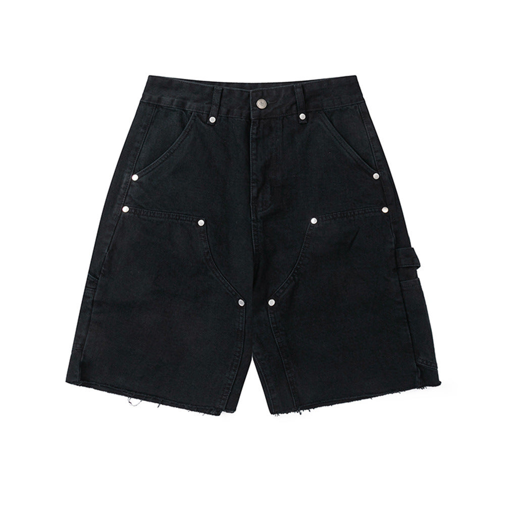 Men Shorts Summer Solid Color Collage Straight Denim Shorts
