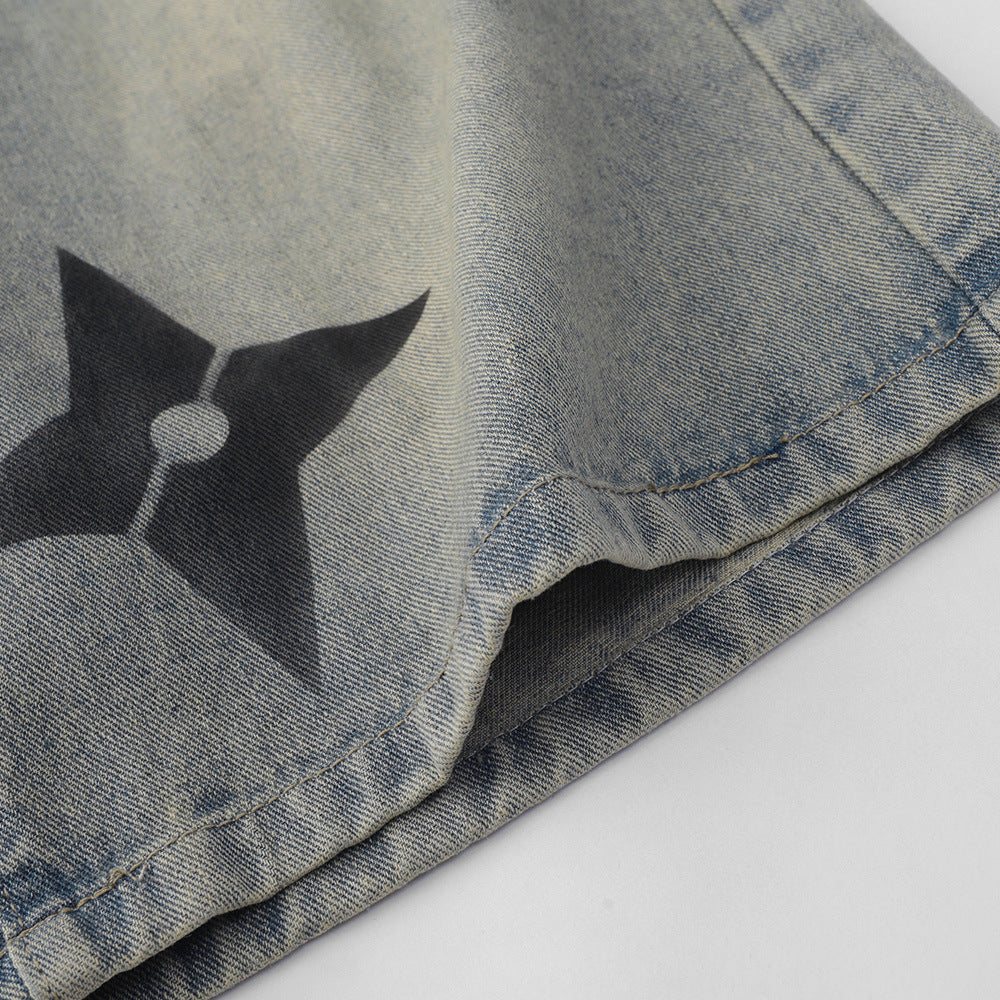 Men Shorts Shuriken Printed Denim Shorts