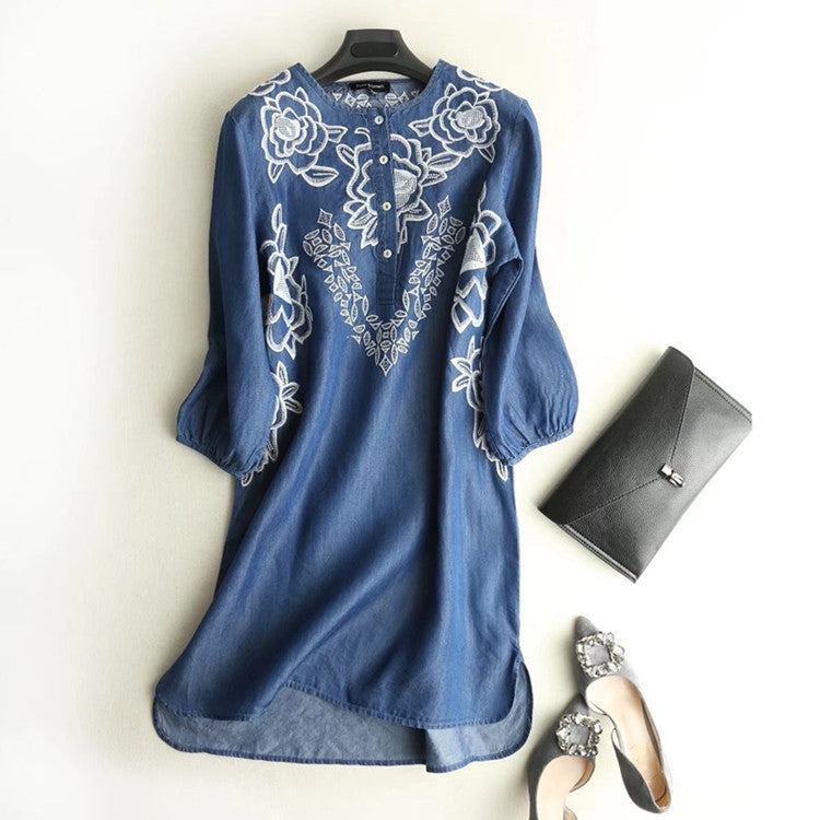 Women Dresses Summer Embroidery Loose Denim Dress