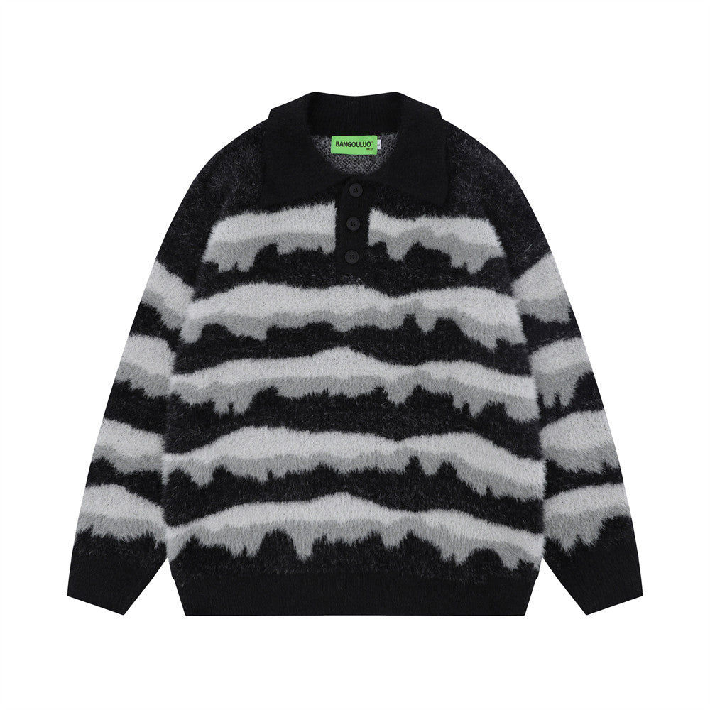 Men Sweater Stripes Lapel Knitwear Velvet