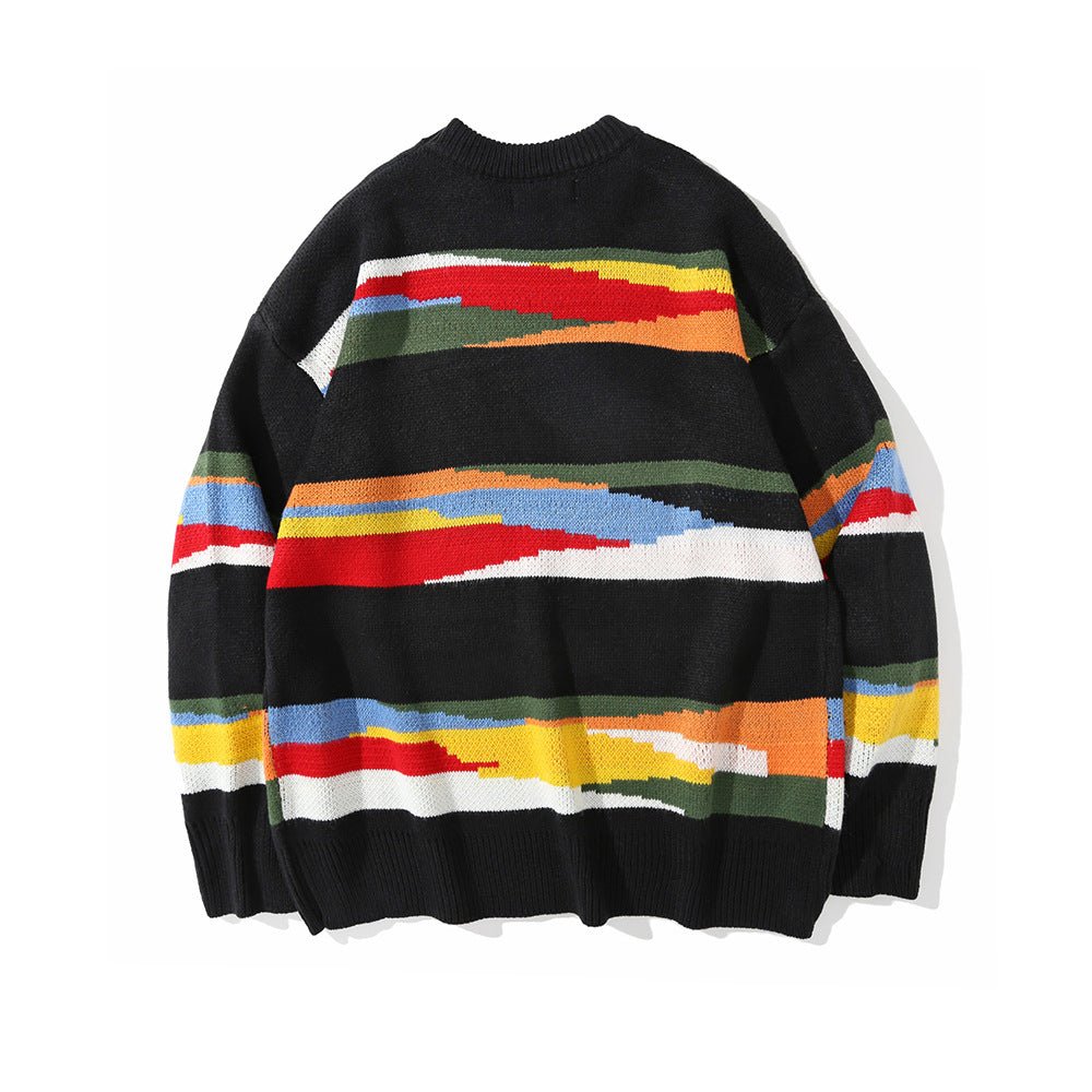 Men Sweater Striped Knitted Sweater Loose round Neck
