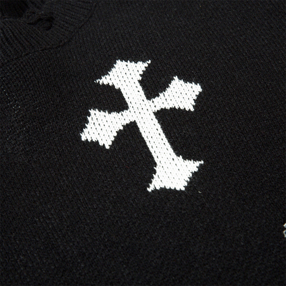 Men Sweater Cross Crocheted Ripped Sweater Loose