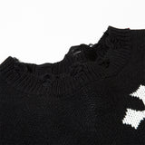 Men Sweater Cross Crocheted Ripped Sweater Loose