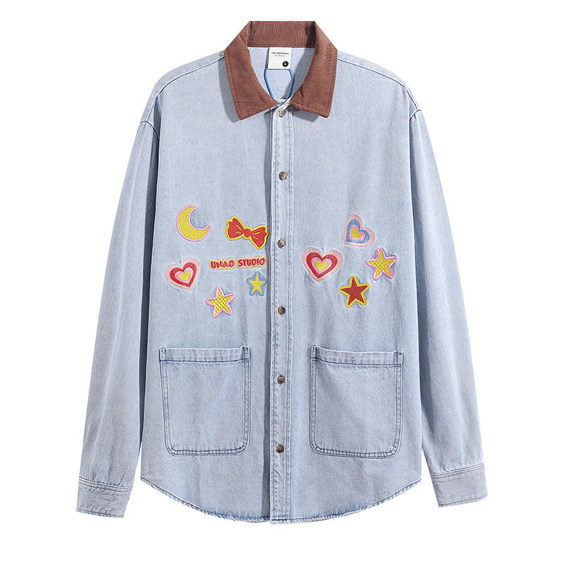 Long Sleeve Distressed Vintage Denim Shirt