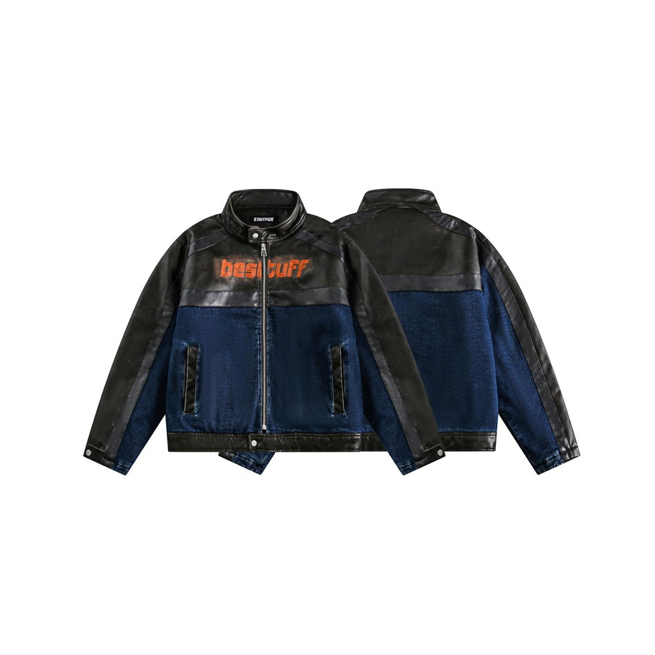 Unisex Coat PU Leather Patchwork Denim Jacket Stand Collar