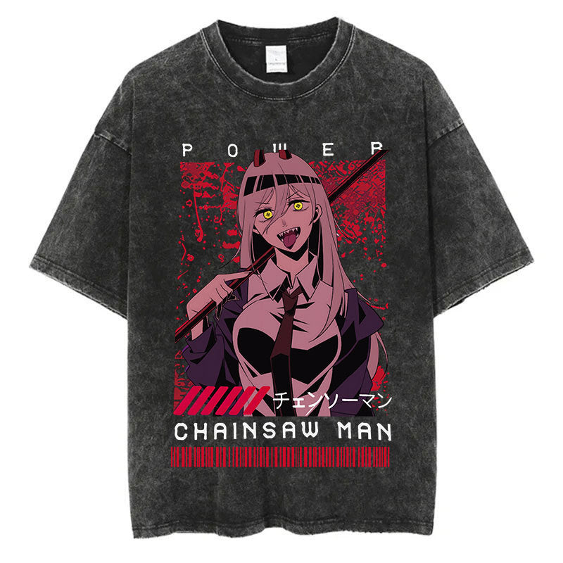 Anime Chainsaw Men Washed Tshirt Retro Hip Hop Streetwear