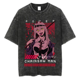 Anime Chainsaw Men Washed Tshirt Retro Hip Hop Streetwear