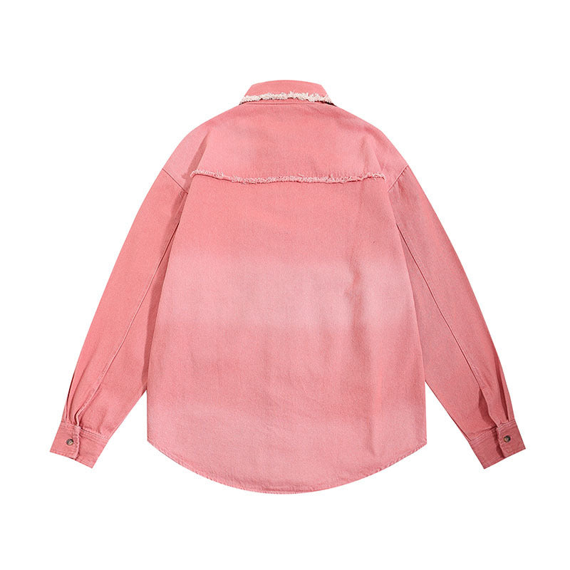 Long Sleeved Shirt Retro College Style Denim Lining Distressed