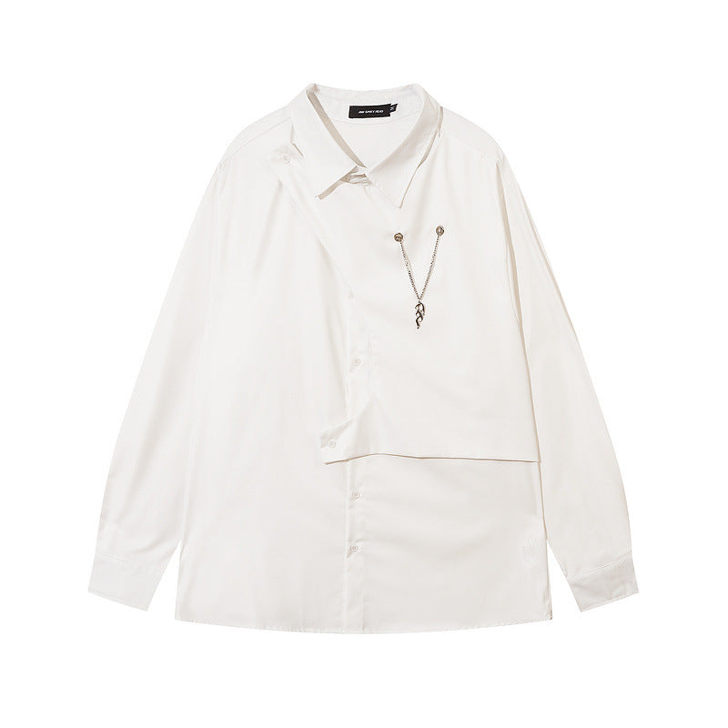 Long Sleeve Shirt Irregular Necklace Oversize Solid Color