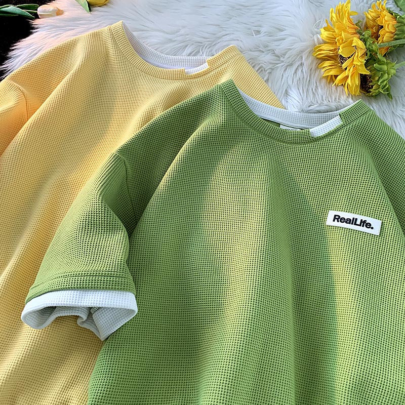 Men T Shirt Waffle Fake Two-Piece Loose