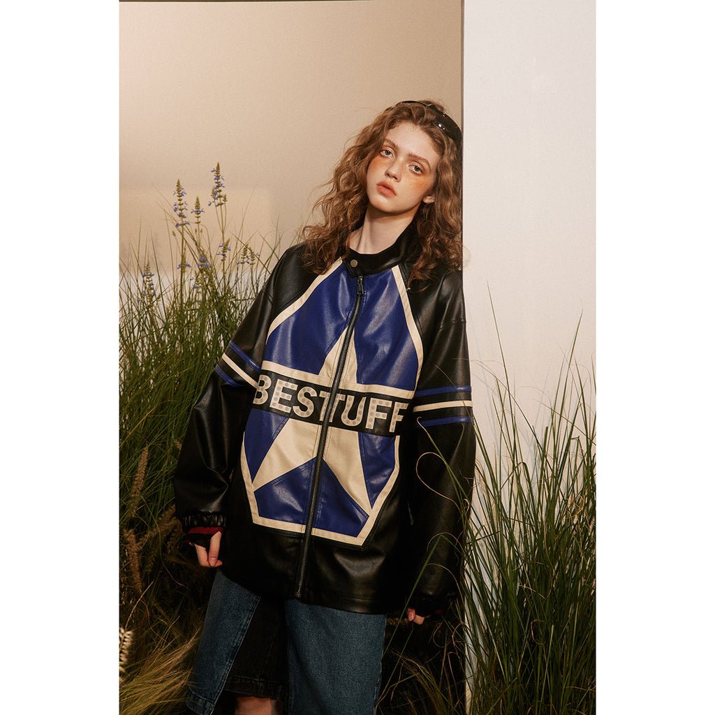 Unisex Pu Jacket Color Matching Motorcycle Leather Coat