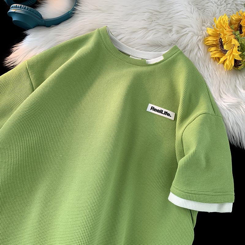 Men T Shirt Waffle Fake Two-Piece Loose